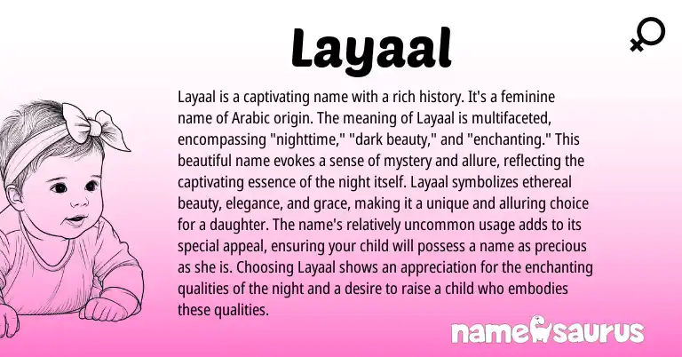 Infographic about Layaal name meaning, Layaal is a name from Arabic origin(s).