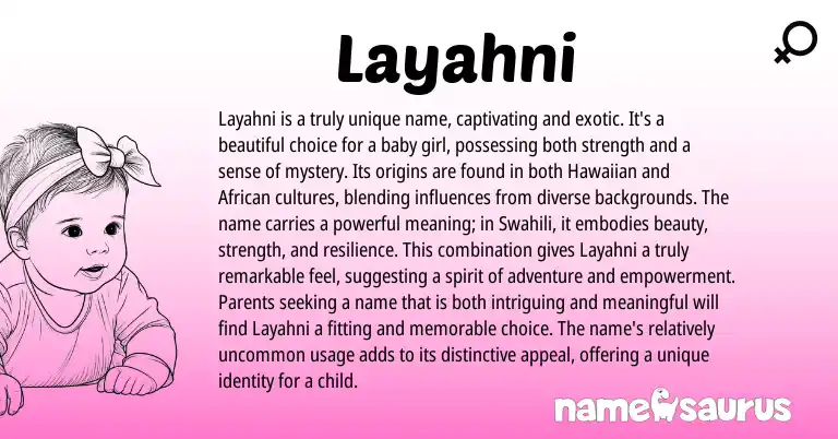 Infographic about Layahni name meaning, Layahni is a name from African, Hawaiian origin(s).