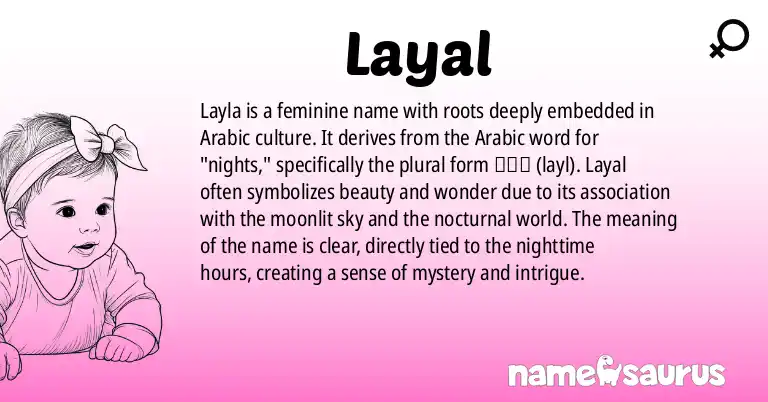 Infographic about Layal name meaning, Layal is a name from Arabic origin(s).