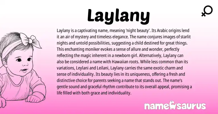 Infographic about Laylany name meaning, Laylany is a name from Arabic origin(s).
