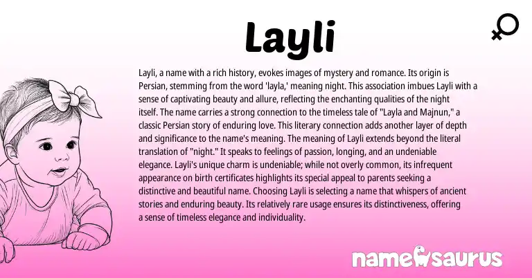Infographic about Layli name meaning, Layli is a name from Persian, Romance, Arabic origin(s).