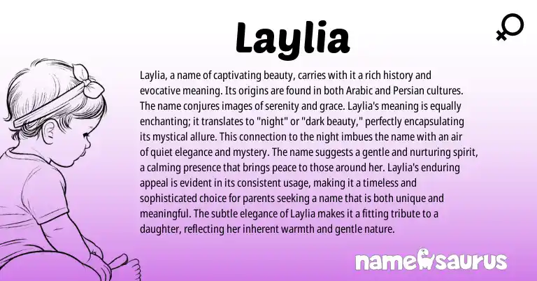Infographic about Laylia name meaning, Laylia is a name from Persian, Arabic origin(s).
