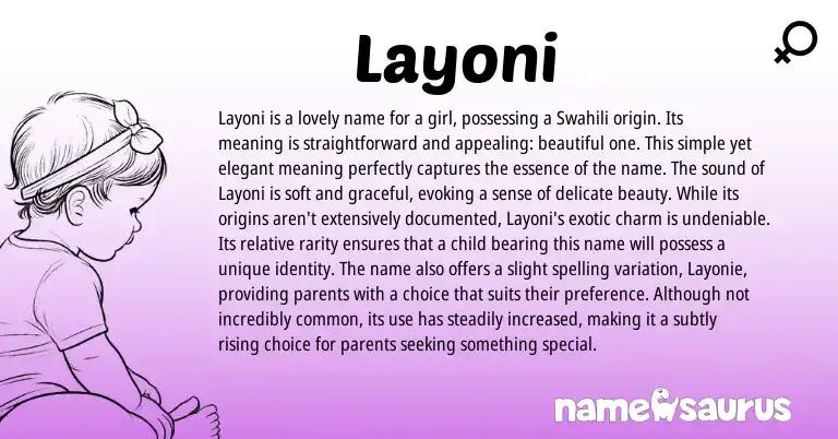 Infographic about Layoni name meaning, Layoni is a name from Swahili origin(s).