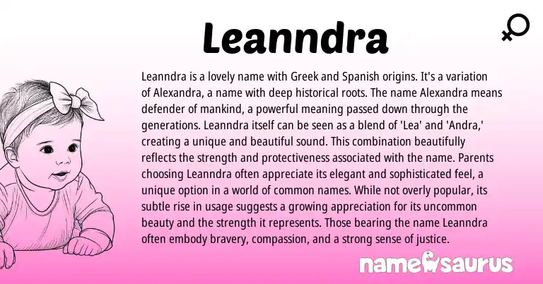 Infographic about Leanndra name meaning, Leanndra is a name from Greek, Spanish, American origin(s).