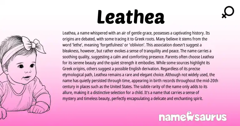 Infographic about Leathea name meaning, Leathea is a name from English, Greek origin(s).