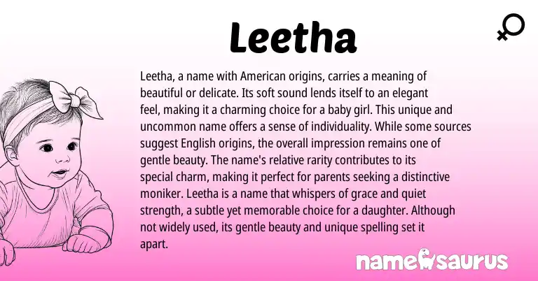 Infographic about Leetha name meaning, Leetha is a name from American origin(s).