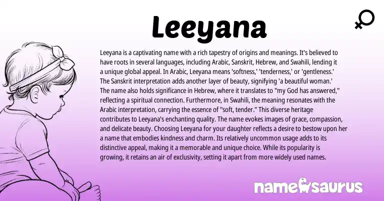 Infographic about Leeyana name meaning, Leeyana is a name from Sanskrit, Arabic origin(s).
