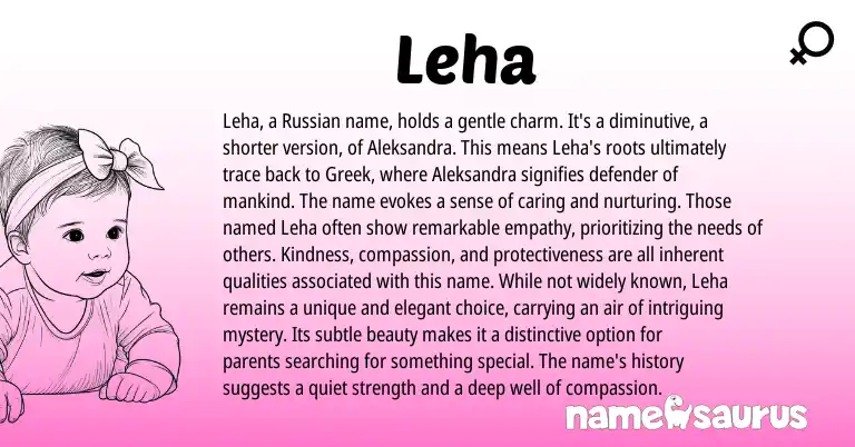 Infographic about Leha name meaning, Leha is a name from Greek, Russian, American origin(s).