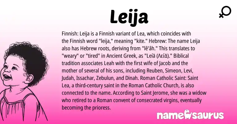 Infographic about Leija name meaning, Leija is a name from Finnish, Roman, Hebrew, Ancient Greek origin(s).