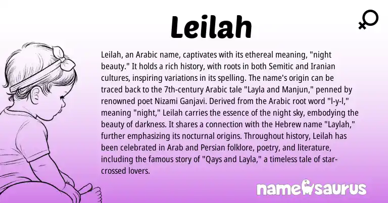 Infographic about Leilah name meaning, Leilah is a name from Iranian, Semitic, Persian, Arabic, Hebrew origin(s).