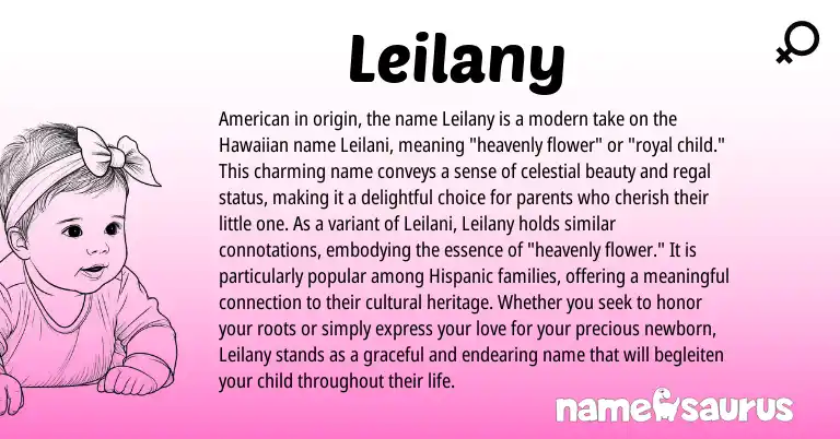 Infographic about Leilany name meaning, Leilany is a name from Hawaiian, Hispanic, American origin(s).