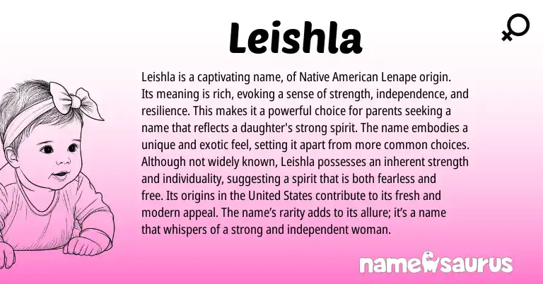 Infographic about Leishla name meaning, Leishla is a name from Spanish, American origin(s).
