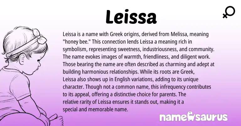 Infographic about Leissa name meaning, Leissa is a name from English, Greek origin(s).