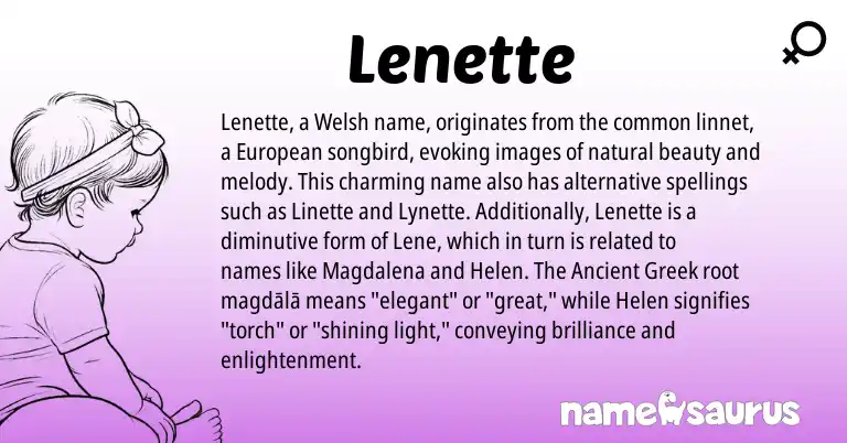 Infographic about Lenette name meaning, Lenette is a name from Ancient Greek, Welsh, European origin(s).