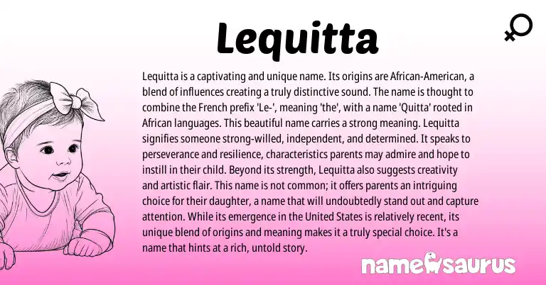 Infographic about Lequitta name meaning, Lequitta is a name from French, African origin(s).