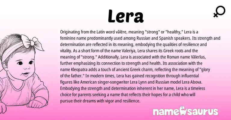Infographic about Lera name meaning, Lera is a name from Spanish, Russian, Roman, Latin, Greek, American origin(s).