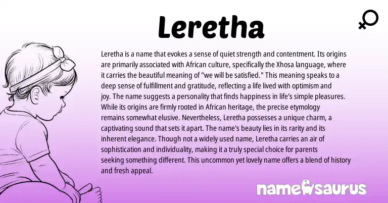 Infographic about Leretha name meaning, Leretha is a name from African, Xhosa origin(s).