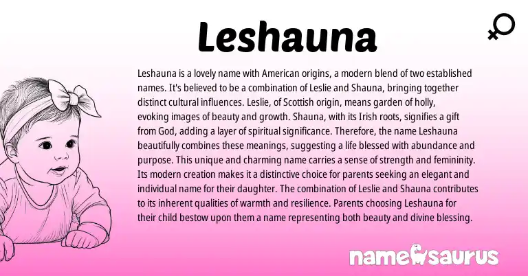 Infographic about Leshauna name meaning, Leshauna is a name from Scottish, American, Irish origin(s).