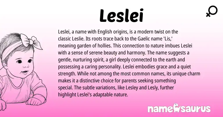 Infographic about Leslei name meaning, Leslei is a name from Gaelic, English origin(s).