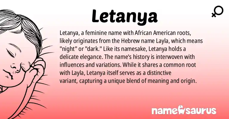 Infographic about Letanya name meaning, Letanya is a name from African American origin(s).