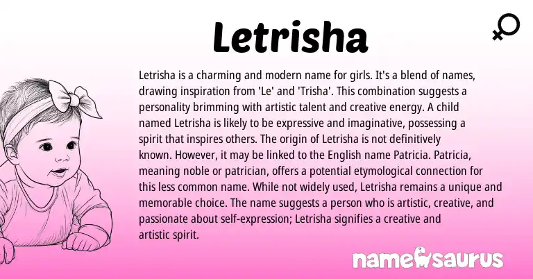 Infographic about Letrisha name meaning, Letrisha is a name from American origin(s).