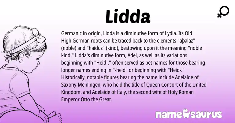 Infographic about Lidda name meaning, Lidda is a name from Old High German, Roman, Germanic, United Kingdom origin(s).