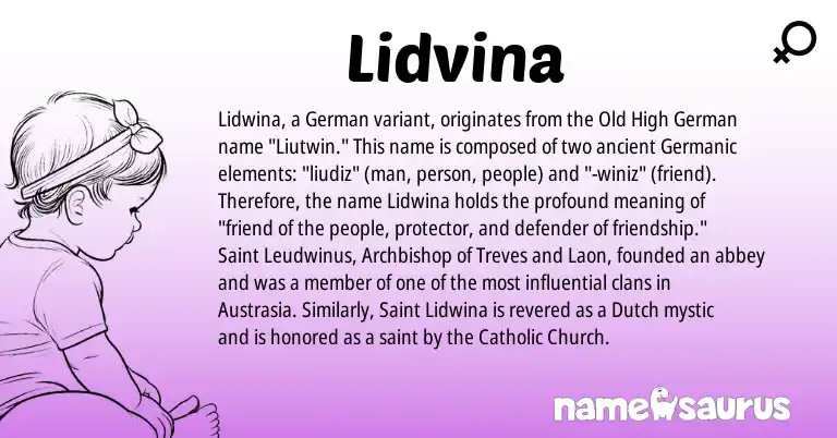 Infographic about Lidvina name meaning, Lidvina is a name from Old High German, German, Dutch, Germanic origin(s).