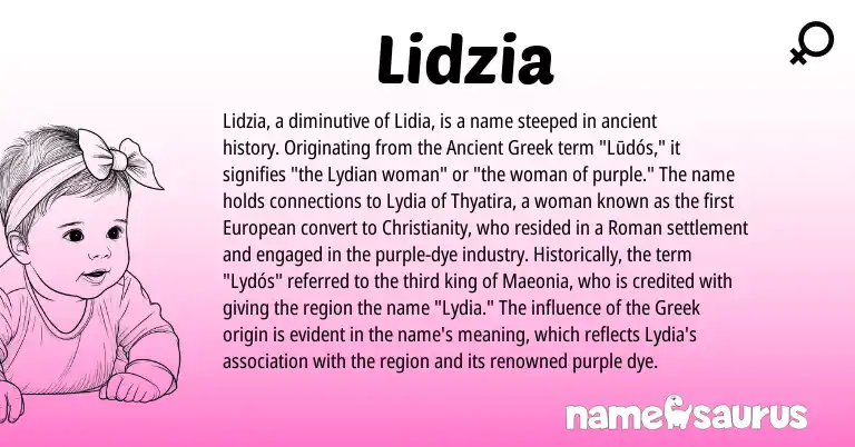 Infographic about Lidzia name meaning, Lidzia is a name from Ancient Greek, Christianity, European, Roman, Greek origin(s).