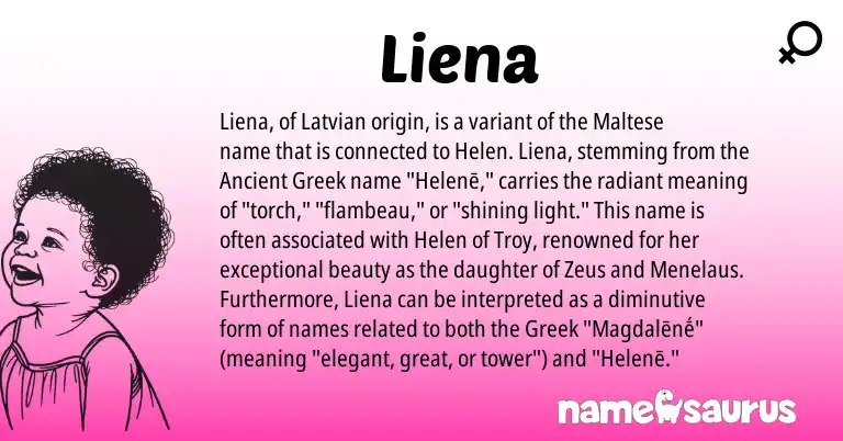 Infographic about Liena name meaning, Liena is a name from Ancient Greek, Maltese, Latvian, Greek origin(s).