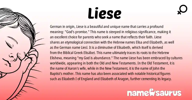 Infographic about Liese name meaning, Liese is a name from German, Biblical Greek, Hebrew, England origin(s).