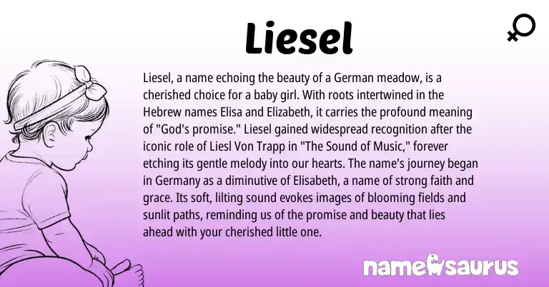 Infographic about Liesel name meaning, Liesel is a name from German, Hebrew origin(s).