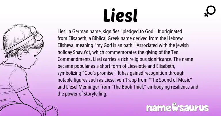 Infographic about Liesl name meaning, Liesl is a name from German, Hebrew, Jewish, Biblical Greek origin(s).