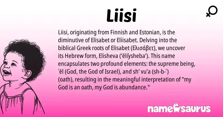 Infographic about Liisi name meaning, Liisi is a name from Finnish, Estonian, Hebrew, Greek origin(s).