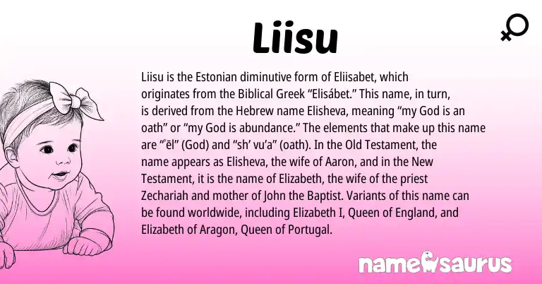 Infographic about Liisu name meaning, Liisu is a name from Portugal, Biblical Greek, England, Estonian, Hebrew origin(s).