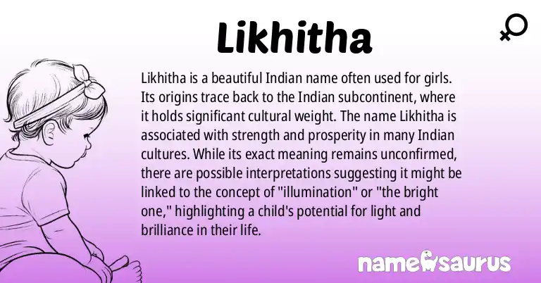 Infographic about Likhitha name meaning, Likhitha is a name from Indian origin(s).