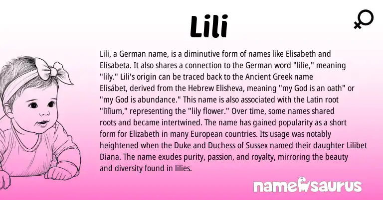 Infographic about Lili name meaning, Lili is a name from Ancient Greek, European, Latin, German, Hebrew origin(s).