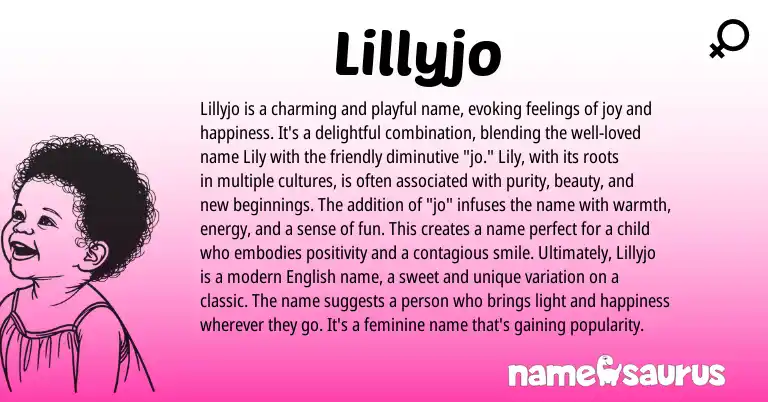 Infographic about Lillyjo name meaning, Lillyjo is a name from American origin(s).