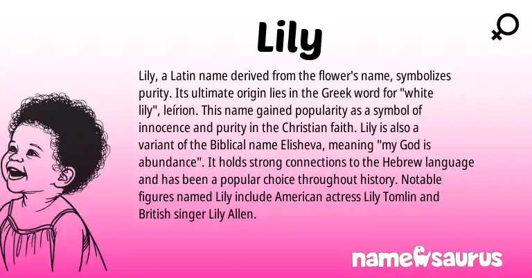 Infographic about Lily name meaning, Lily is a name from British, Latin, Greek, American, Hebrew origin(s).