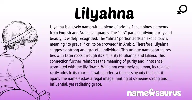 Infographic about Lilyahna name meaning, Lilyahna is a name from English, Arabic origin(s).