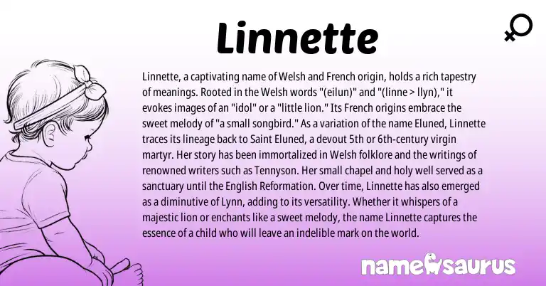 Infographic about Linnette name meaning, Linnette is a name from English, French, Welsh origin(s).