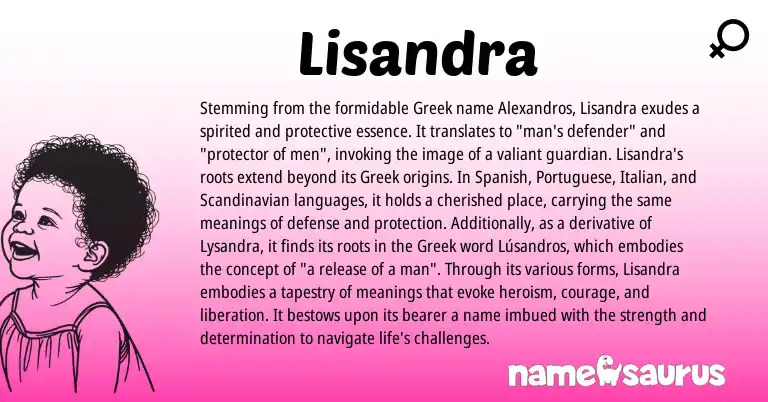Infographic about Lisandra name meaning, Lisandra is a name from Greek, Spanish, Scandinavian, Italian, Portuguese origin(s).