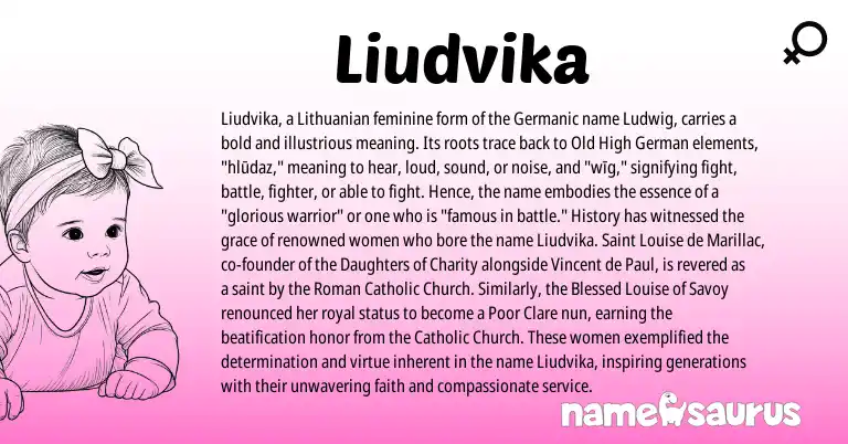 Infographic about Liudvika name meaning, Liudvika is a name from Lithuanian, Old High German, Roman, Germanic origin(s).