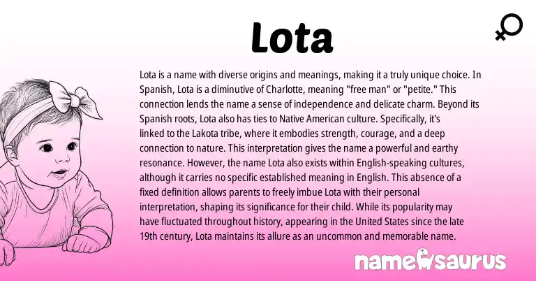 Infographic about Lota name meaning, Lota is a name from Indian, American, Lakota, Spanish origin(s).