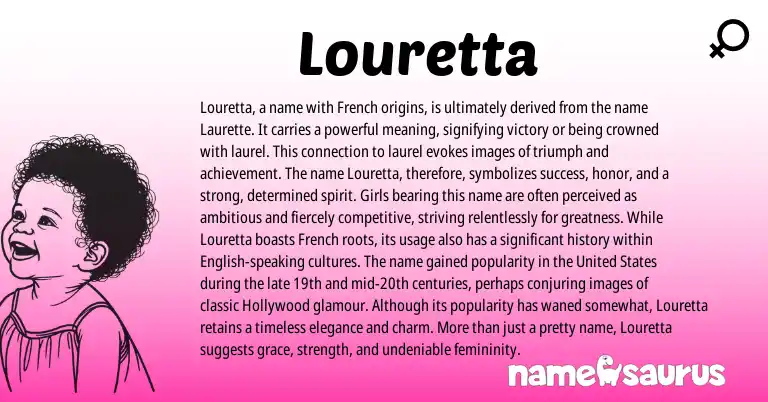 Infographic about Louretta name meaning, Louretta is a name from French origin(s).
