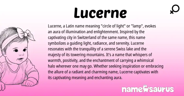 Infographic about Lucerne name meaning, Lucerne is a name from Swiss, Latin origin(s).
