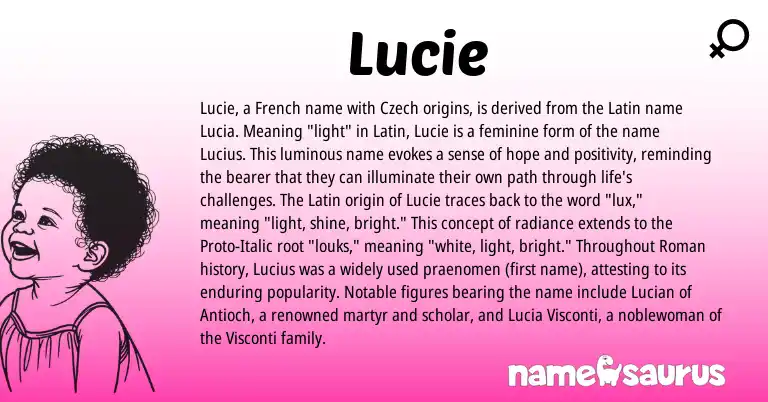 Infographic about Lucie name meaning, Lucie is a name from Roman, French, Latin, Czech origin(s).