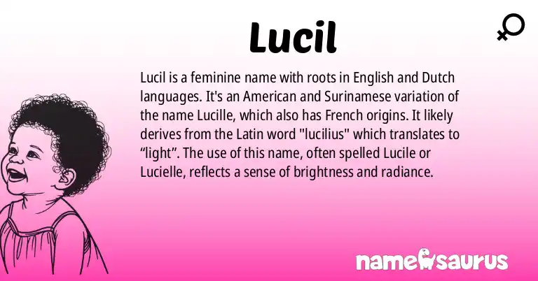 Infographic about Lucil name meaning, Lucil is a name from English (American), Dutch (Surinamese) origin(s).
