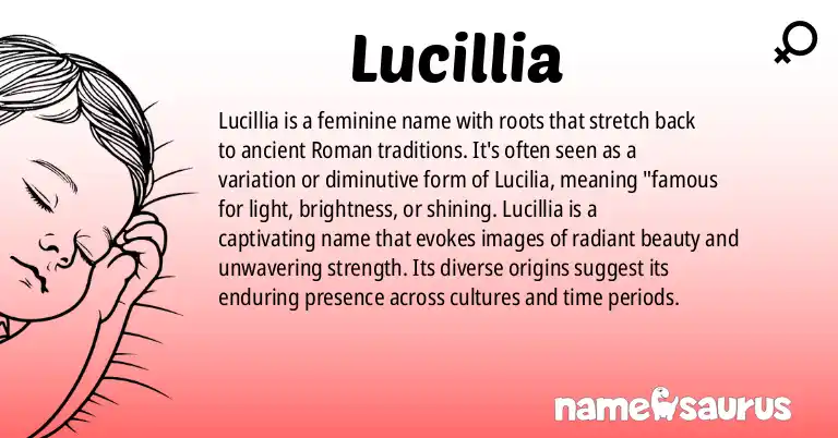 Infographic about Lucillia name meaning, Lucillia is a name from Ancient Roman, Various origin(s).