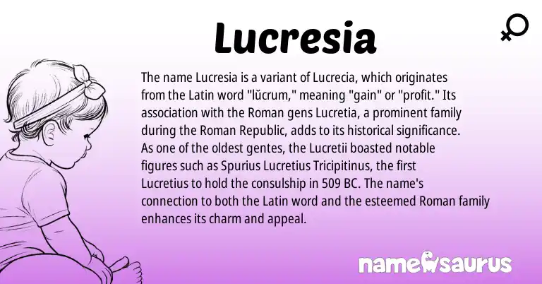 Infographic about Lucresia name meaning, Lucresia is a name from Roman, Latin origin(s).