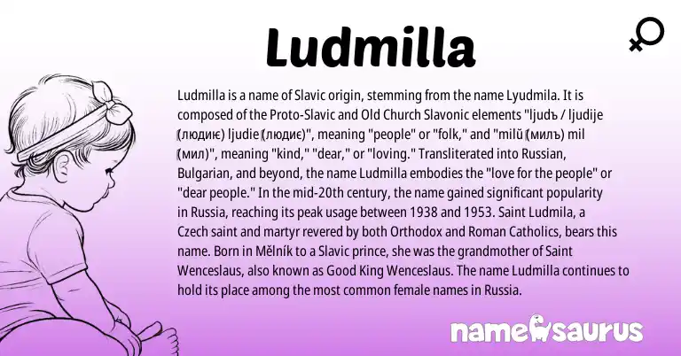 Infographic about Ludmilla name meaning, Ludmilla is a name from Bulgarian, Slavic, Russian, Roman, Czech origin(s).